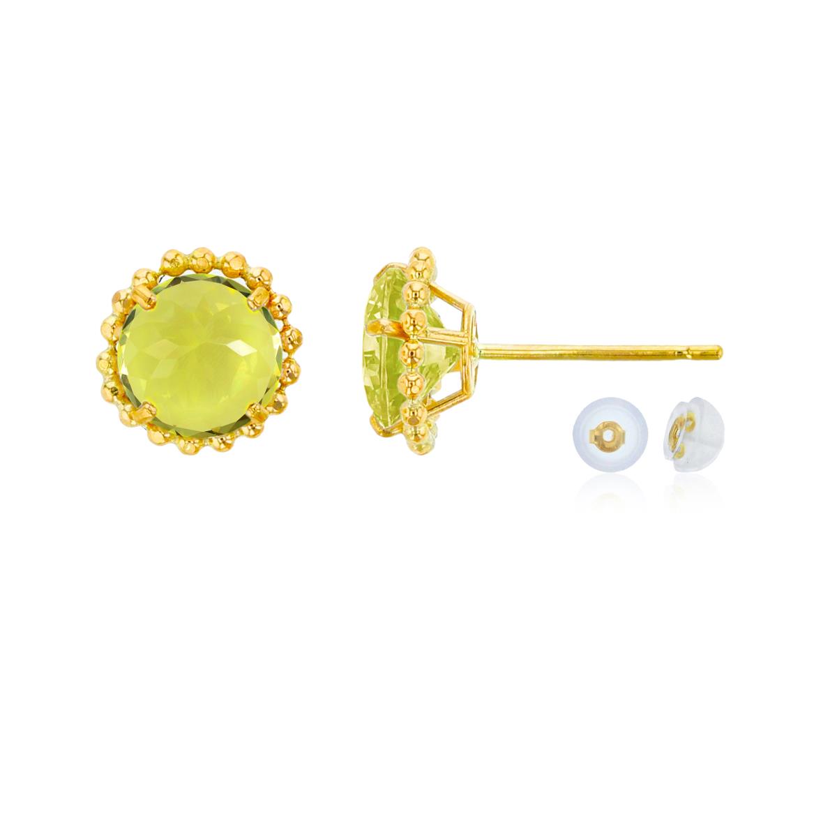 10K Yellow Gold 5mm Rd Lemon Quartz with Bead Frame Stud Earring with Silicone Back