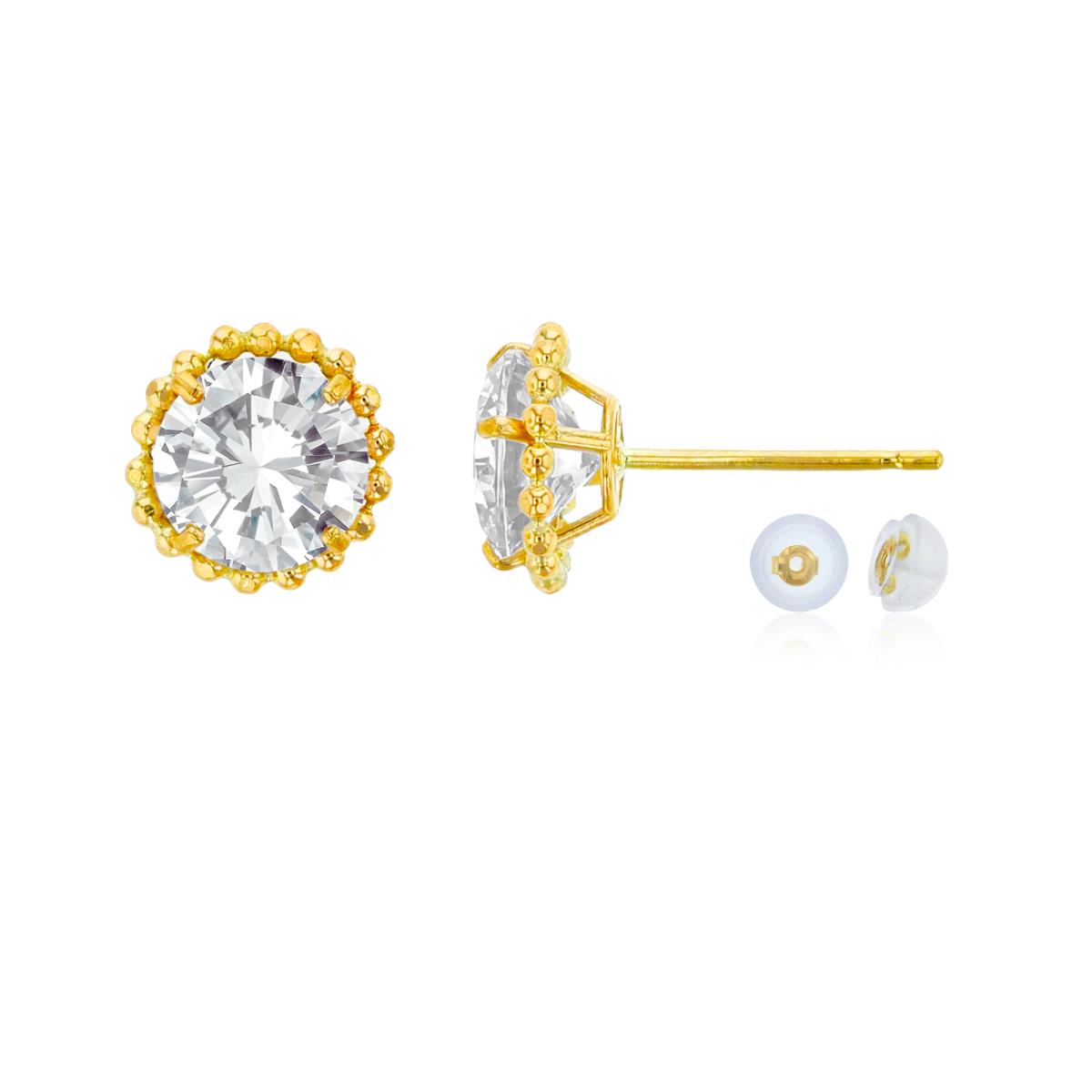 10K Yellow Gold 5mm Rd White Topaz with Bead Frame Stud Earring with Silicone Back