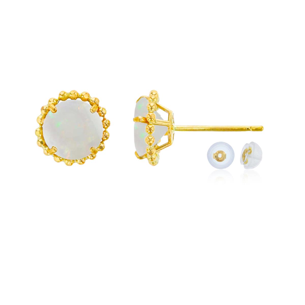 10K Yellow Gold 5mm Rd Opal with Bead Frame Stud Earring with Silicone Back