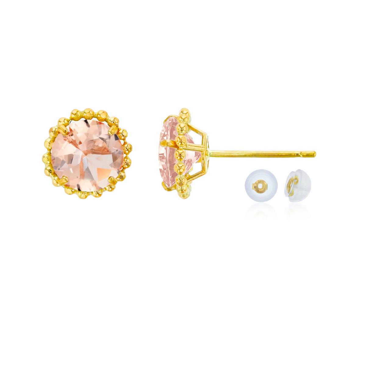 10K Yellow Gold 5mm Rd Morganite with Bead Frame Stud Earring with Silicone Back