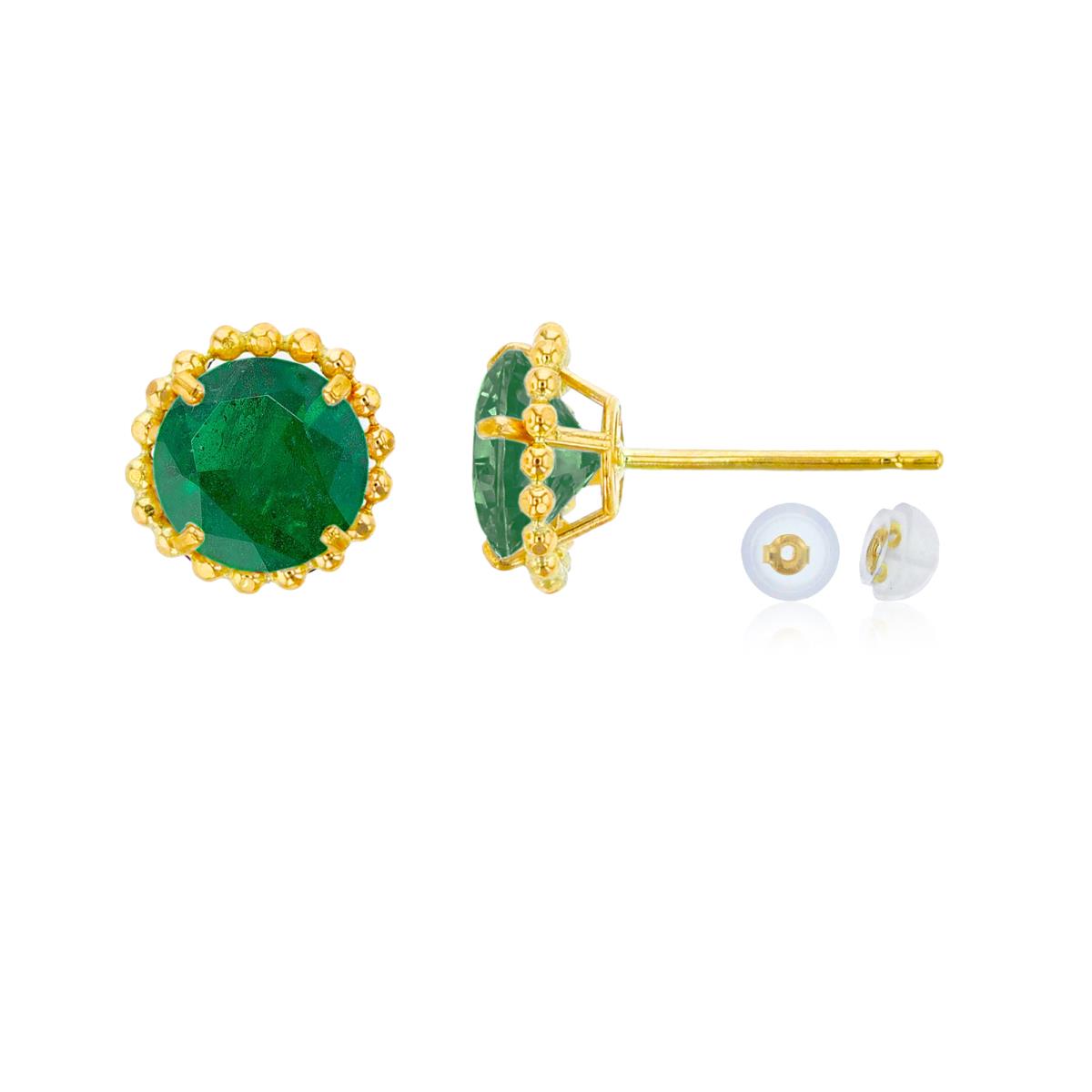 10K Yellow Gold 5mm Rd Emerald with Bead Frame Stud Earring with Silicone Back