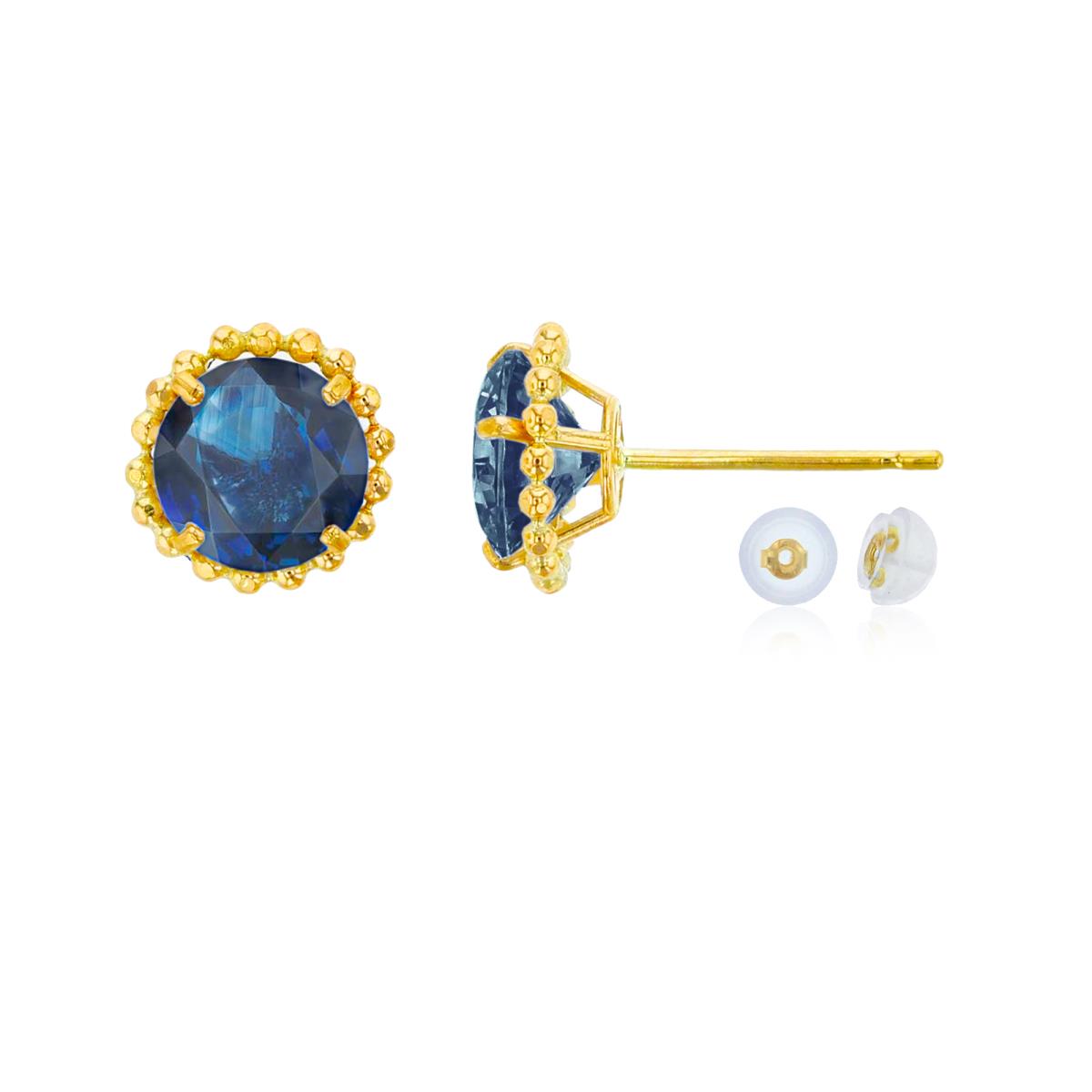 10K Yellow Gold 5mm Rd Sapphire with Bead Frame Stud Earring with Silicone Back