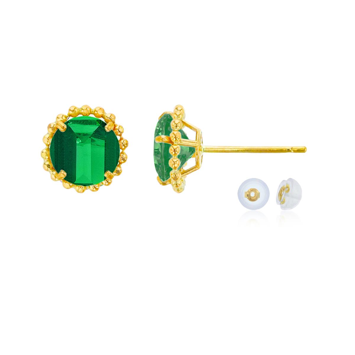 14K Yellow Gold 5mm Rd Created Emerald with Bead Frame Stud Earring with Silicone Back