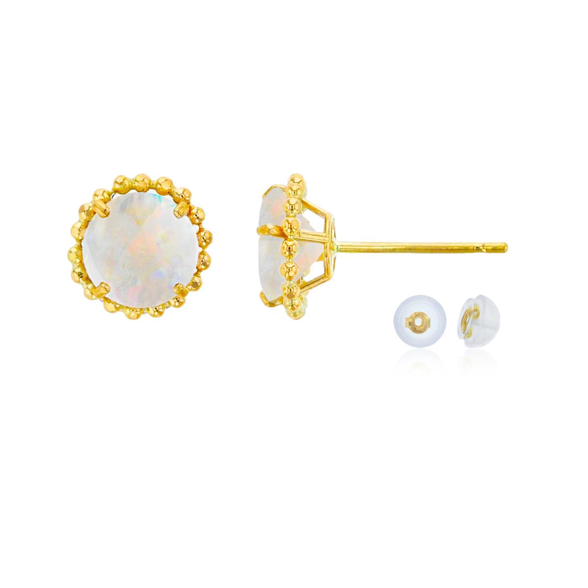 10K Yellow Gold 5mm Rd Created Opal with Bead Frame Stud Earring with Silicone Back