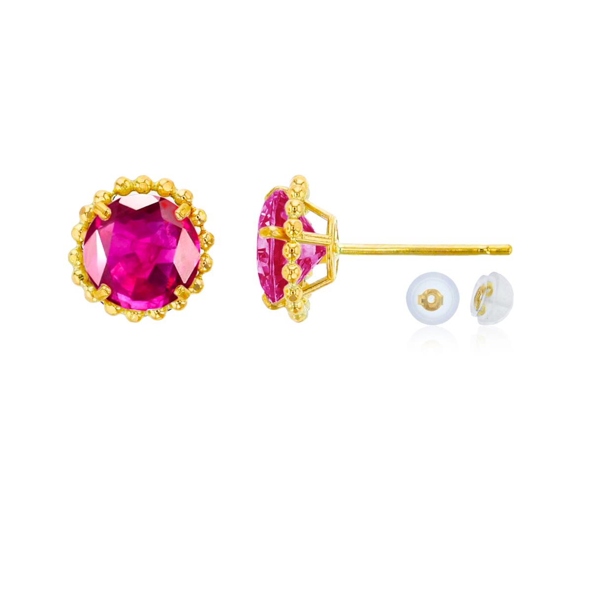 10K Yellow Gold 5mm Rd Created Ruby with Bead Frame Stud Earring with Silicone Back
