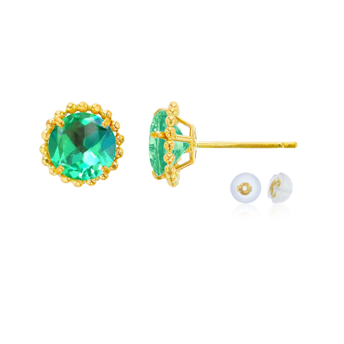 10K Yellow Gold 5mm Rd Created Green Sapphire with Bead Frame Stud Earring with Silicone Back