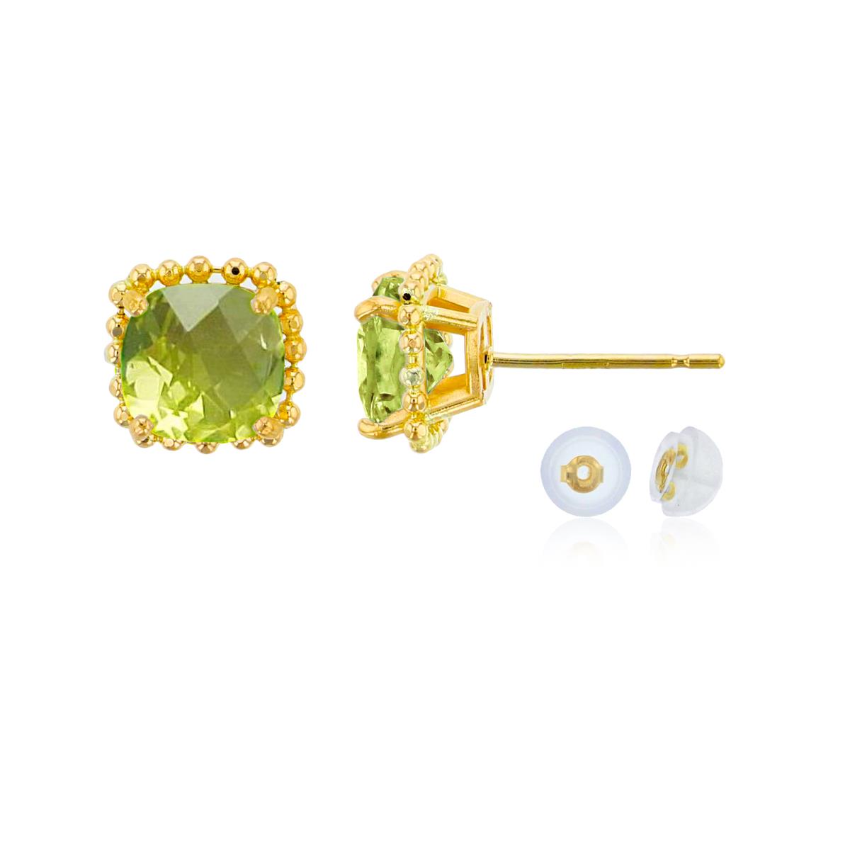 14K Yellow Gold 6x6mm Cushion Cut Apple Quartz Bead Frame Stud Earring with Silicone Back