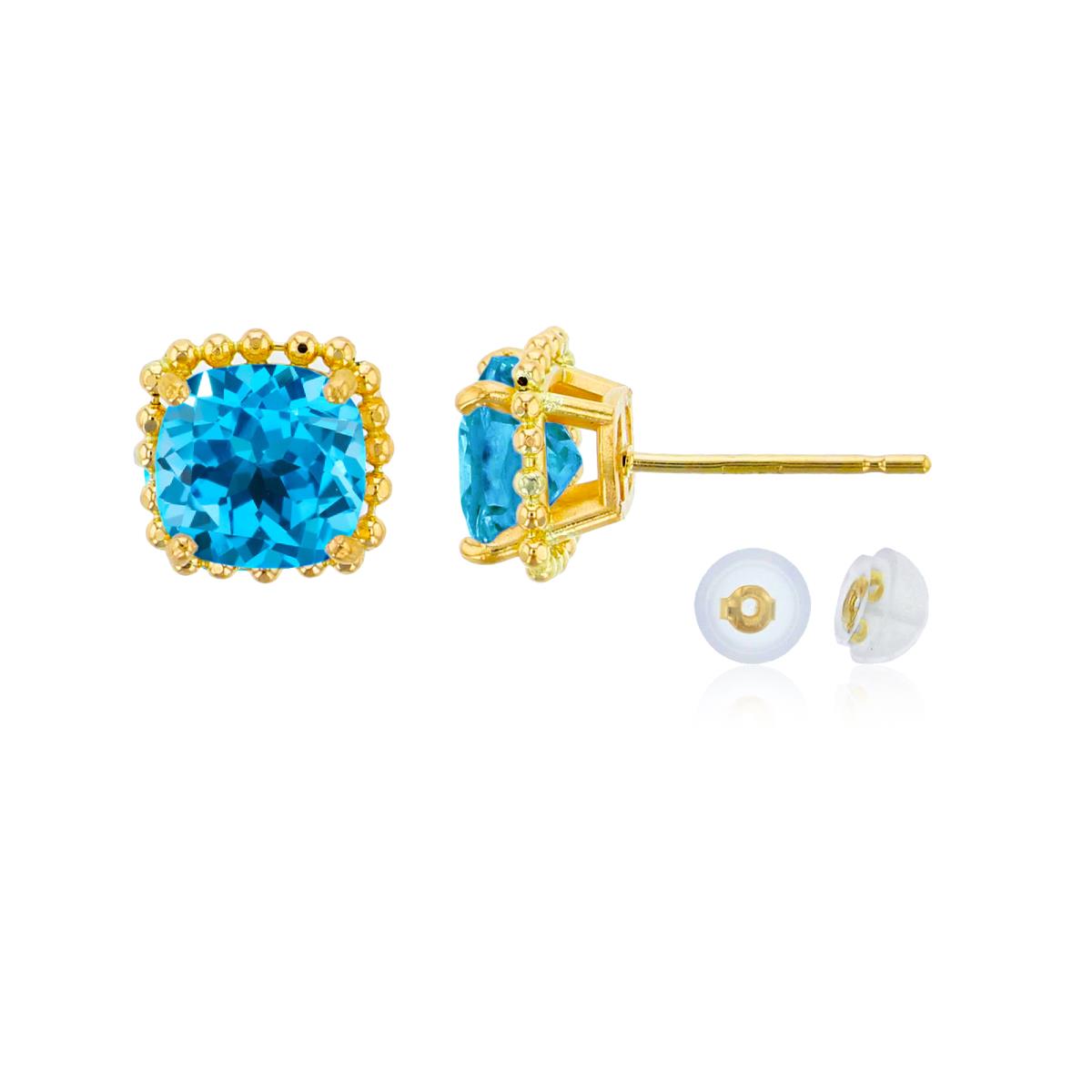 14K Yellow Gold 6x6mm Cushion Cut Swiss Blue Topaz Bead Frame Stud Earring with Silicone Back