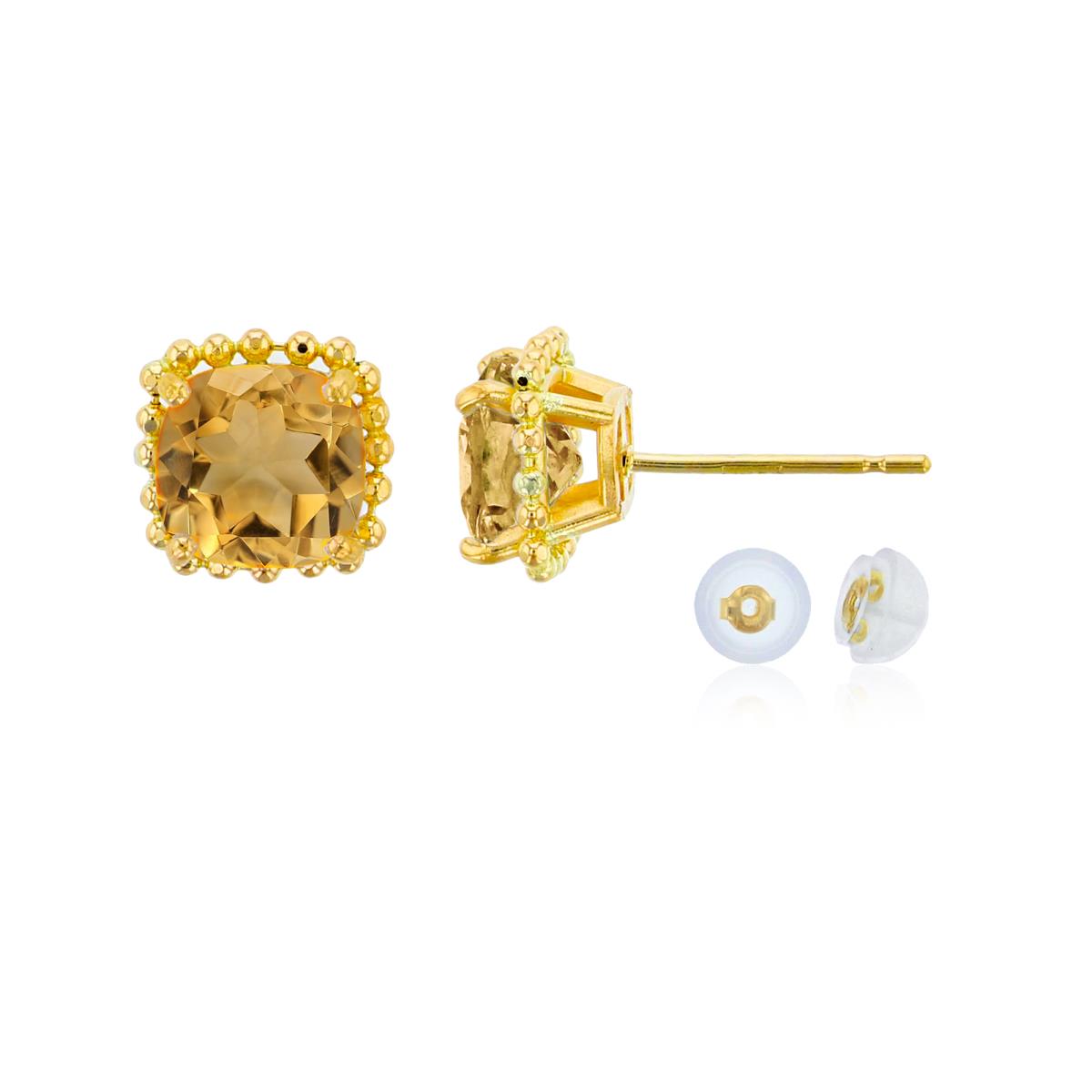 14K Yellow Gold 6x6mm Cushion Cut Citrine Bead Frame Stud Earring with Silicone Back