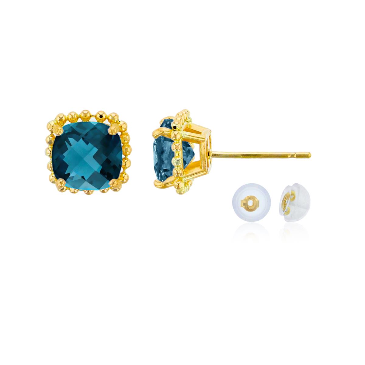 14K Yellow Gold 6x6mm Cushion Cut London Blue Topaz Bead Frame Stud Earring with Silicone Back
