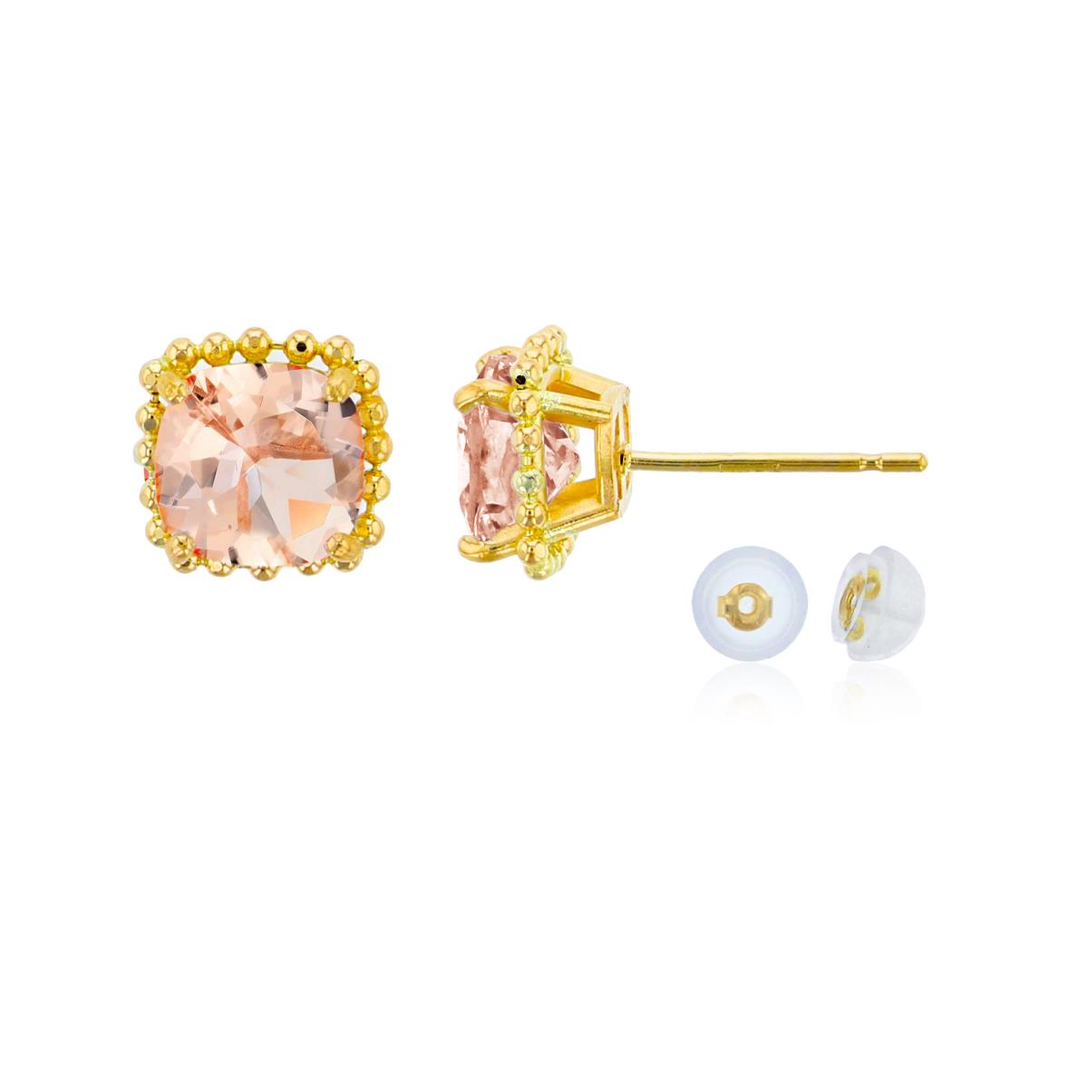14K Yellow Gold 6x6mm Cushion Cut Morganite Bead Frame Stud Earring with Silicone Back