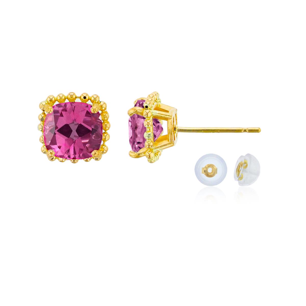 14K Yellow Gold 6x6mm Cushion Cut Pure Pink Bead Frame Stud Earring with Silicone Back