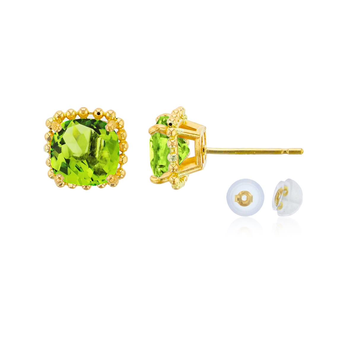 14K Yellow Gold 6x6mm Cushion Cut Peridot Bead Frame Stud Earring with Silicone Back