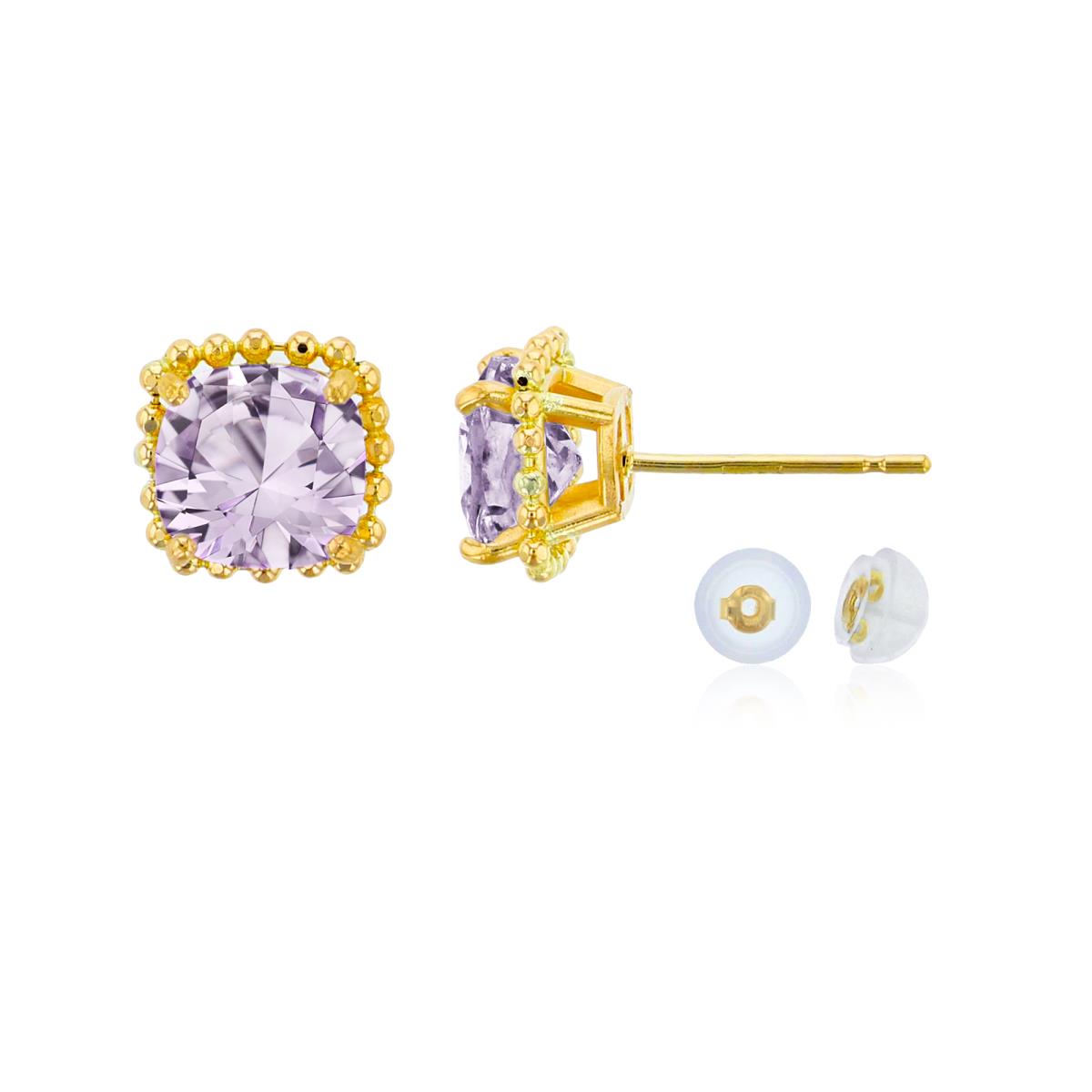 14K Yellow Gold 6x6mm Cushion Cut Rose De France Bead Frame Stud Earring with Silicone Back
