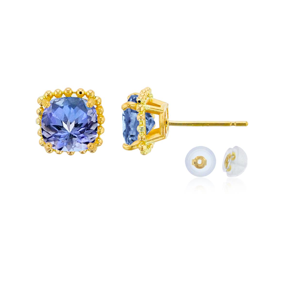 14K Yellow Gold 6x6mm Cushion Cut Tanzanite Bead Frame Stud Earring with Silicone Back