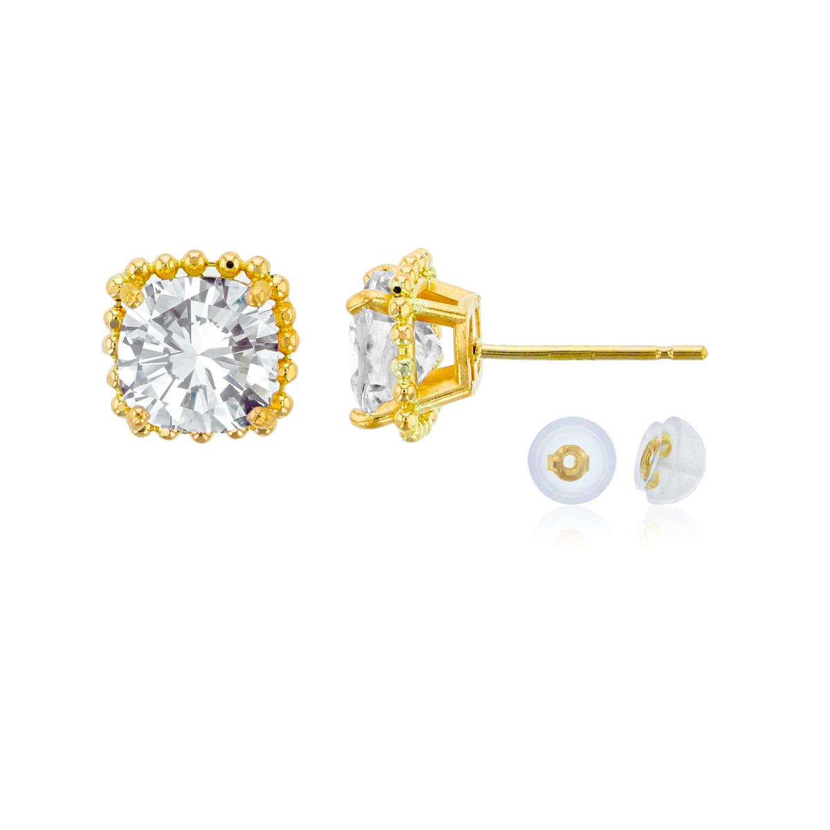 14K Yellow Gold 6x6mm Cushion Cut White Topaz Bead Frame Stud Earring with Silicone Back