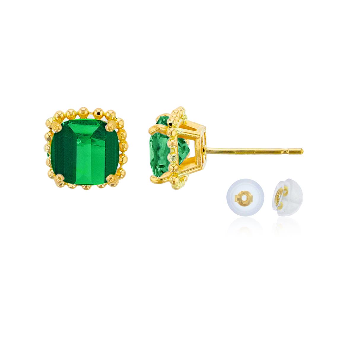 14K Yellow Gold 6x6mm Cushion Cut Created Emerald Bead Frame Stud Earring with Silicone Back
