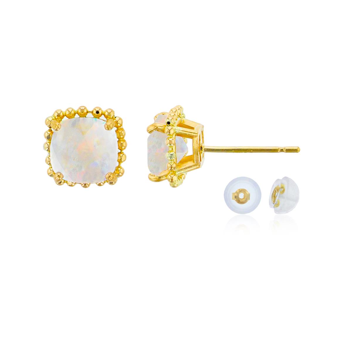 14K Yellow Gold 6x6mm Cushion Cut Created Opal Bead Frame Stud Earring with Silicone Back