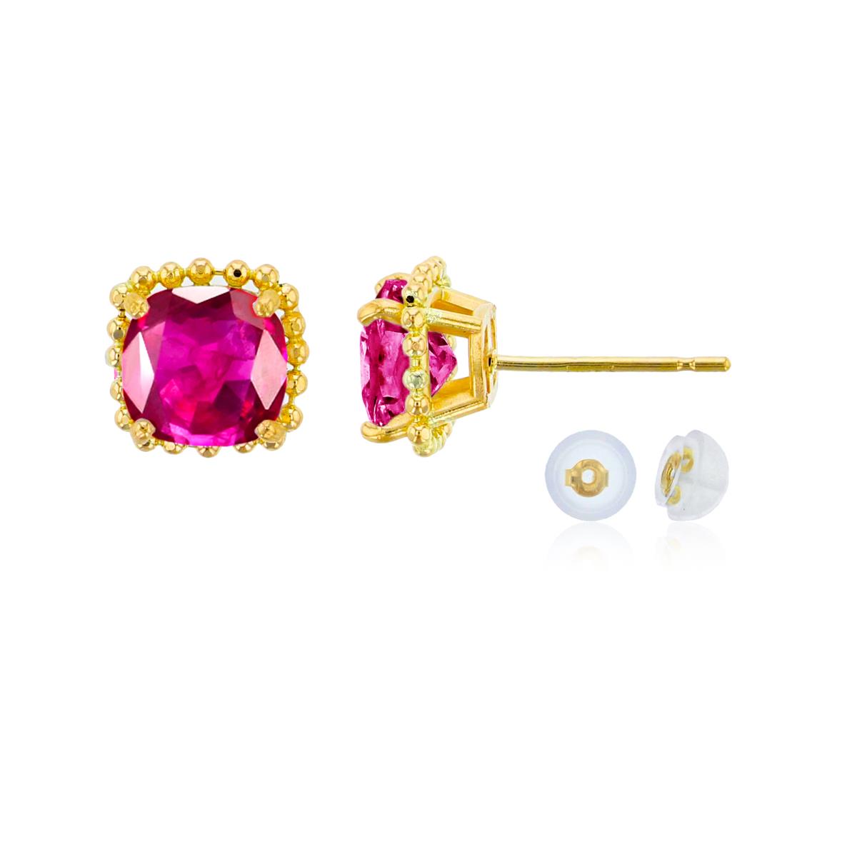 14K Yellow Gold 6x6mm Cushion Cut Created Ruby Bead Frame Stud Earring with Silicone Back