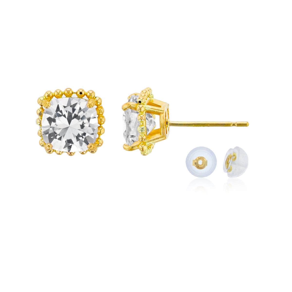 14K Yellow Gold 6x6mm Cushion Cut Created White Sapphire Bead Frame Stud Earring with Silicone Back