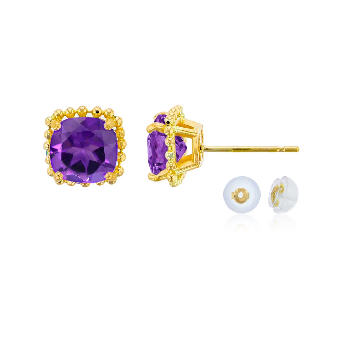 10K Yellow Gold 6x6mm Cushion Cut Amethyst Bead Frame Stud Earring with Silicone Back