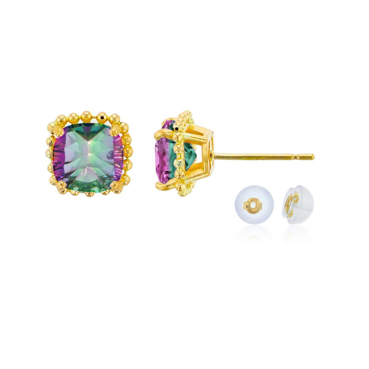 10K Yellow Gold 6x6mm Cushion Cut Mystic Green Topaz Bead Frame Stud Earring with Silicone Back