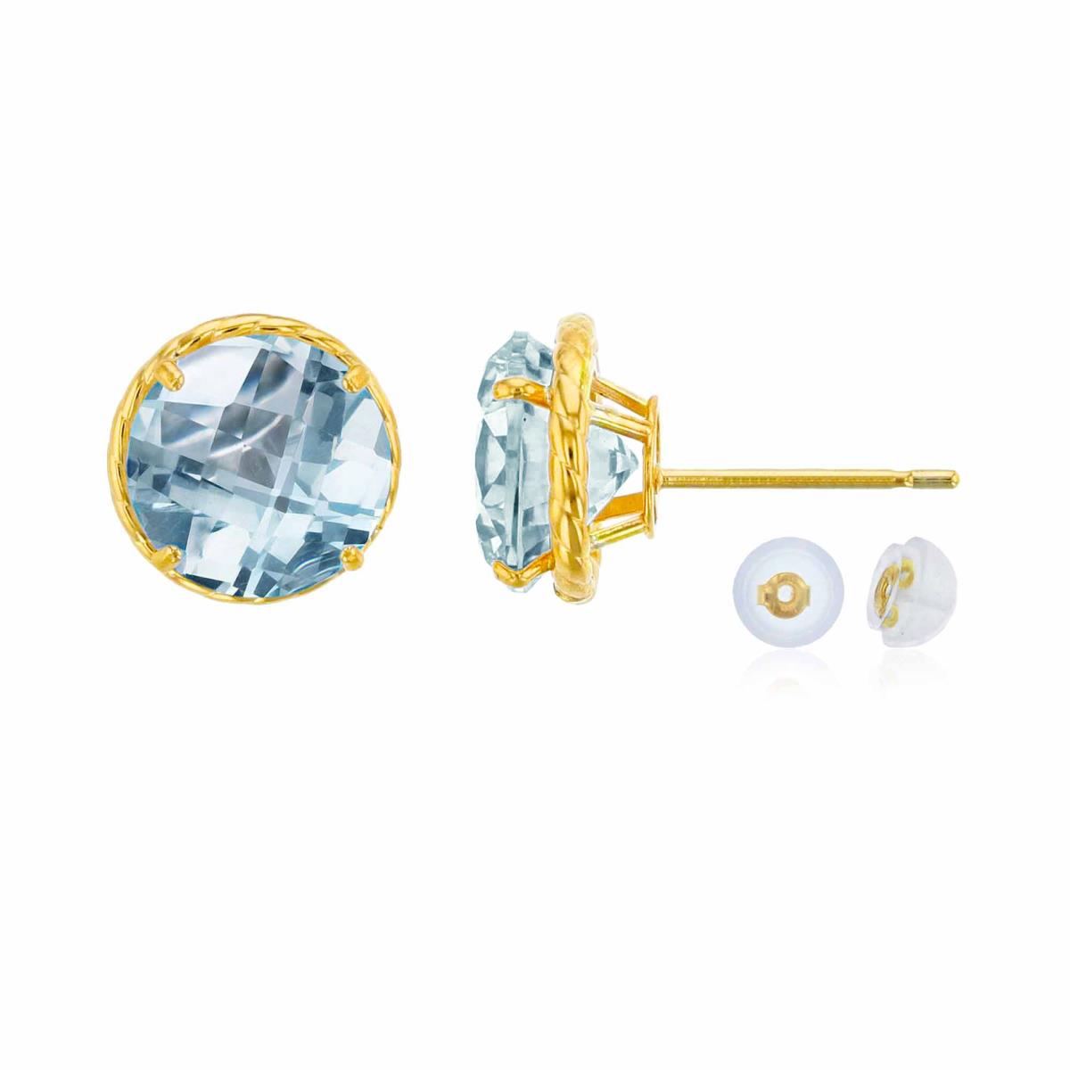 14K Yellow Gold 7mm Rd Aquamarine Rope Frame Stud Earring with Silicone Back