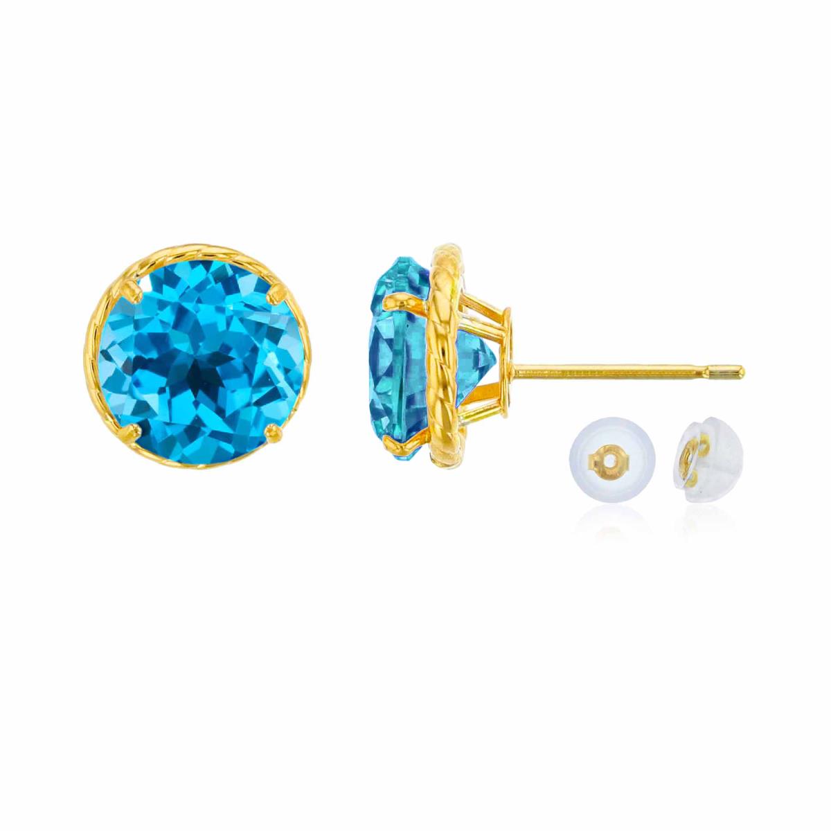 14K Yellow Gold 7mm Rd Swiss Blue Topaz Rope Frame Stud Earring with Silicone Back