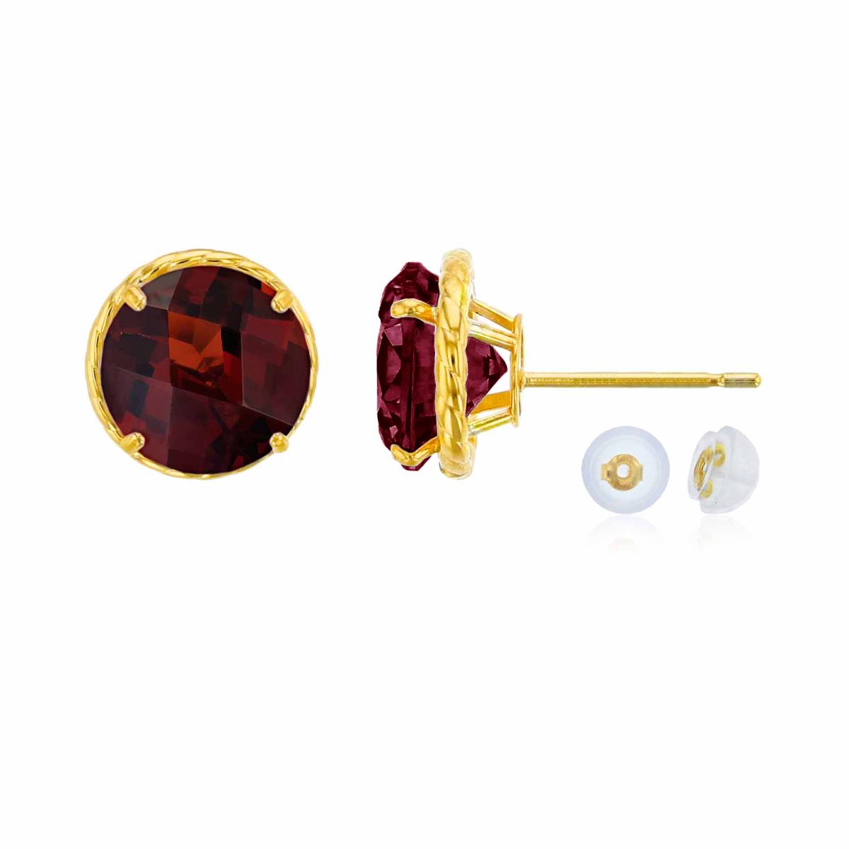 14K Yellow Gold 7mm Rd Garnet Rope Frame Stud Earring with Silicone Back