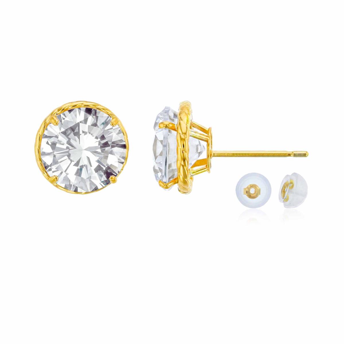 14K Yellow Gold 7mm Rd White Topaz Rope Frame Stud Earring with Silicone Back