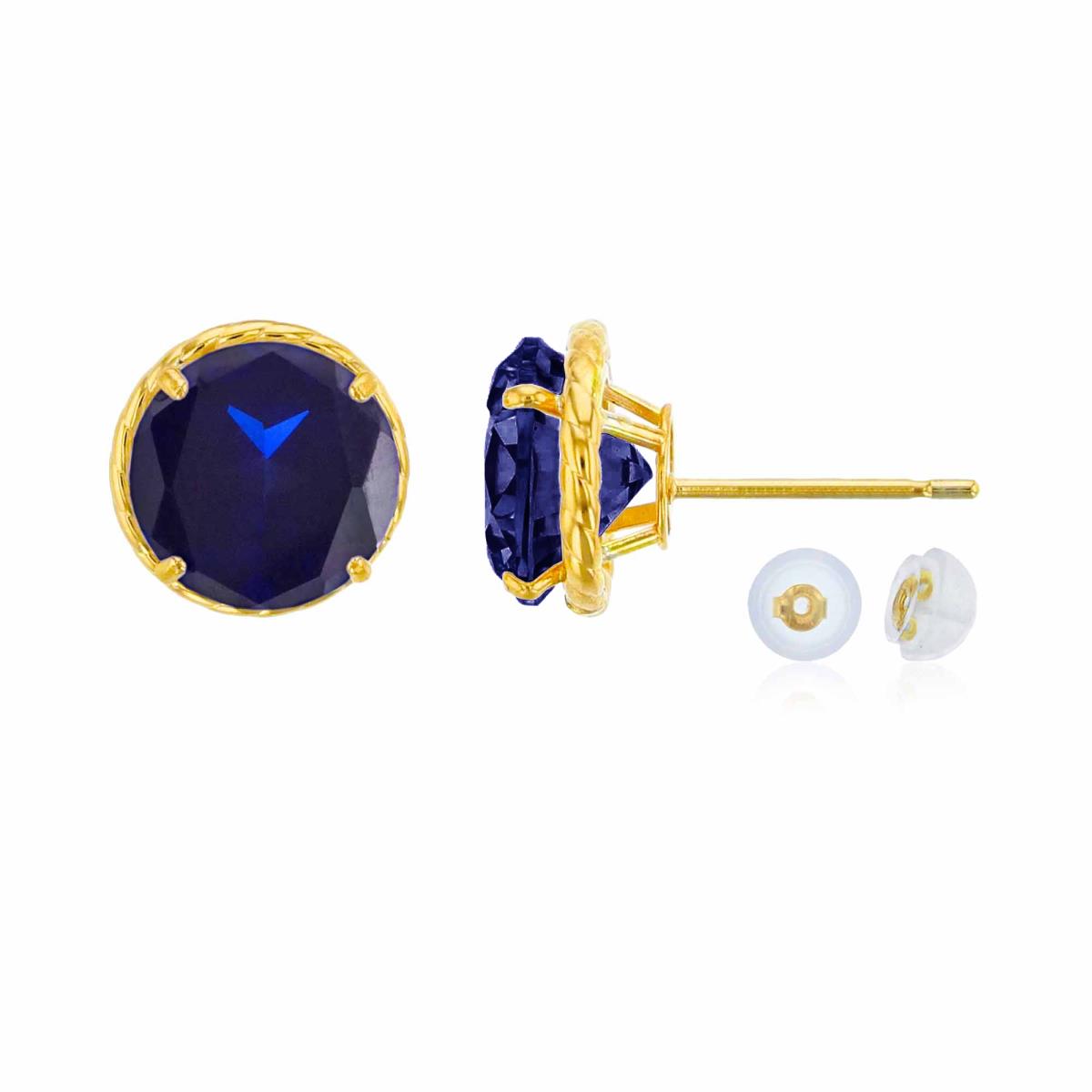 14K Yellow Gold 7mm Rd Created Blue Sapphire Rope Frame Stud Earring with Silicone Back