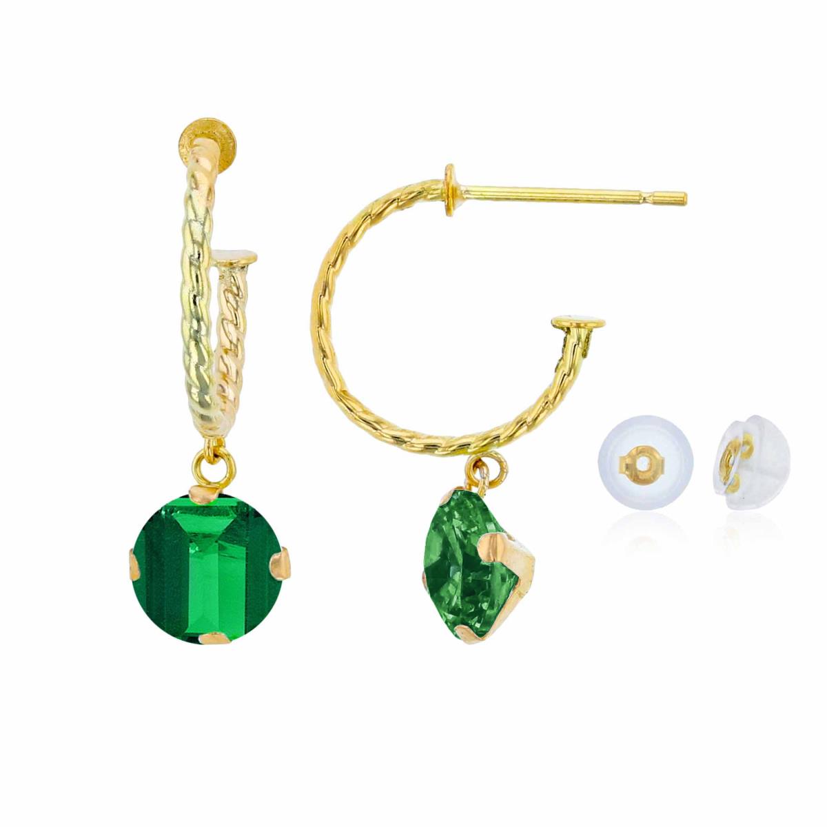 14K Yellow Gold 12mm Rope Half-Hoop with 6mm Rd Created Emerald Martini Drop Earring with Silicone Back