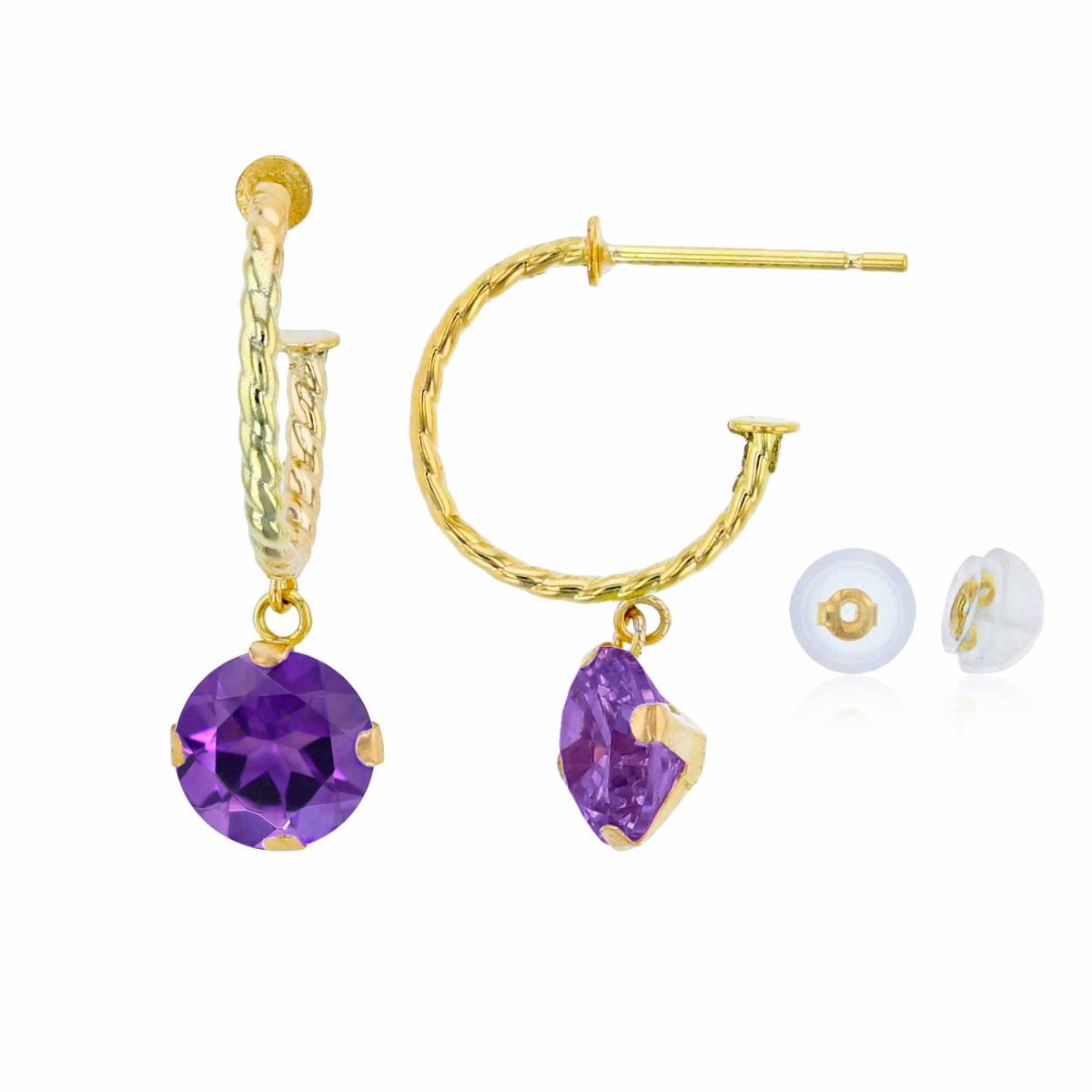 10K Yellow Gold 12mm Rope Half-Hoop with 6mm Rd Amethyst Martini Drop Earring with Silicone Back