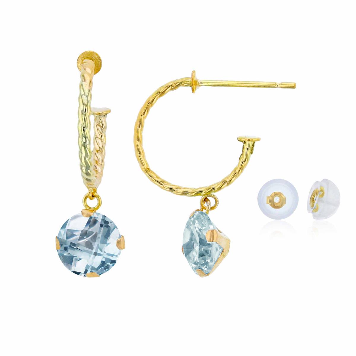 10K Yellow Gold 12mm Rope Half-Hoop with 6mm Rd Aquamarine Martini Drop Earring with Silicone Back