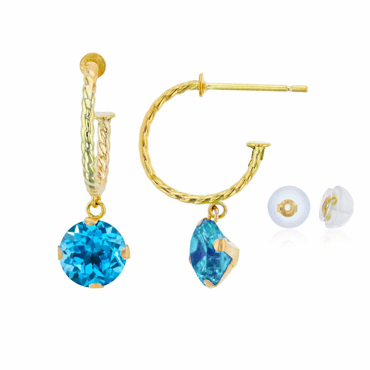 10K Yellow Gold 12mm Rope Half-Hoop with 6mm Rd Swiss Blue Topaz Martini Drop Earring with Silicone Back