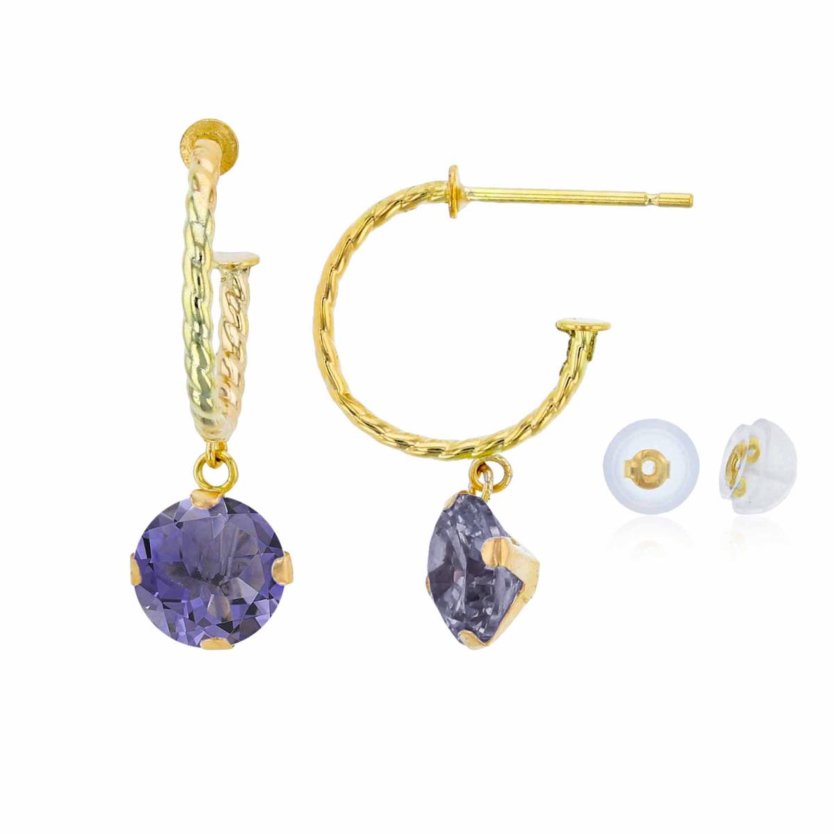 10K Yellow Gold 12mm Rope Half-Hoop with 6mm Rd Iolite Martini Drop Earring with Silicone Back