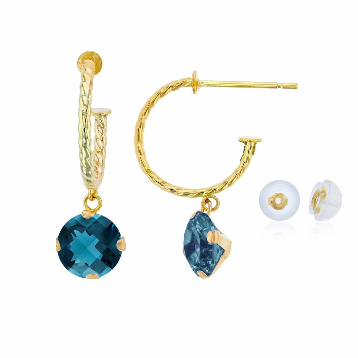 10K Yellow Gold 12mm Rope Half-Hoop with 6mm Rd London Blue Topaz Martini Drop Earring with Silicone Back