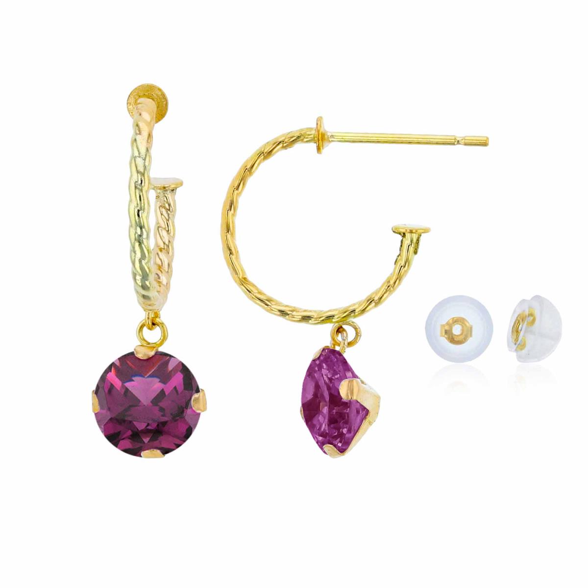 10K Yellow Gold 12mm Rope Half-Hoop with 6mm Rd Rhodolite Martini Drop Earring with Silicone Back