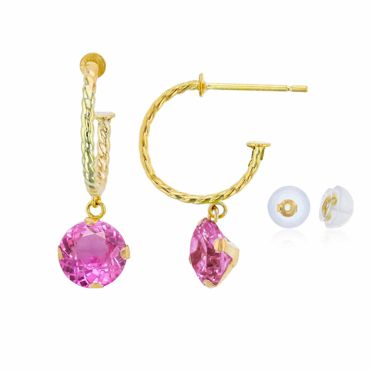 10K Yellow Gold 12mm Rope Half-Hoop with 6mm Rd Created Pink Sapphire Martini Drop Earring with Silicone Back