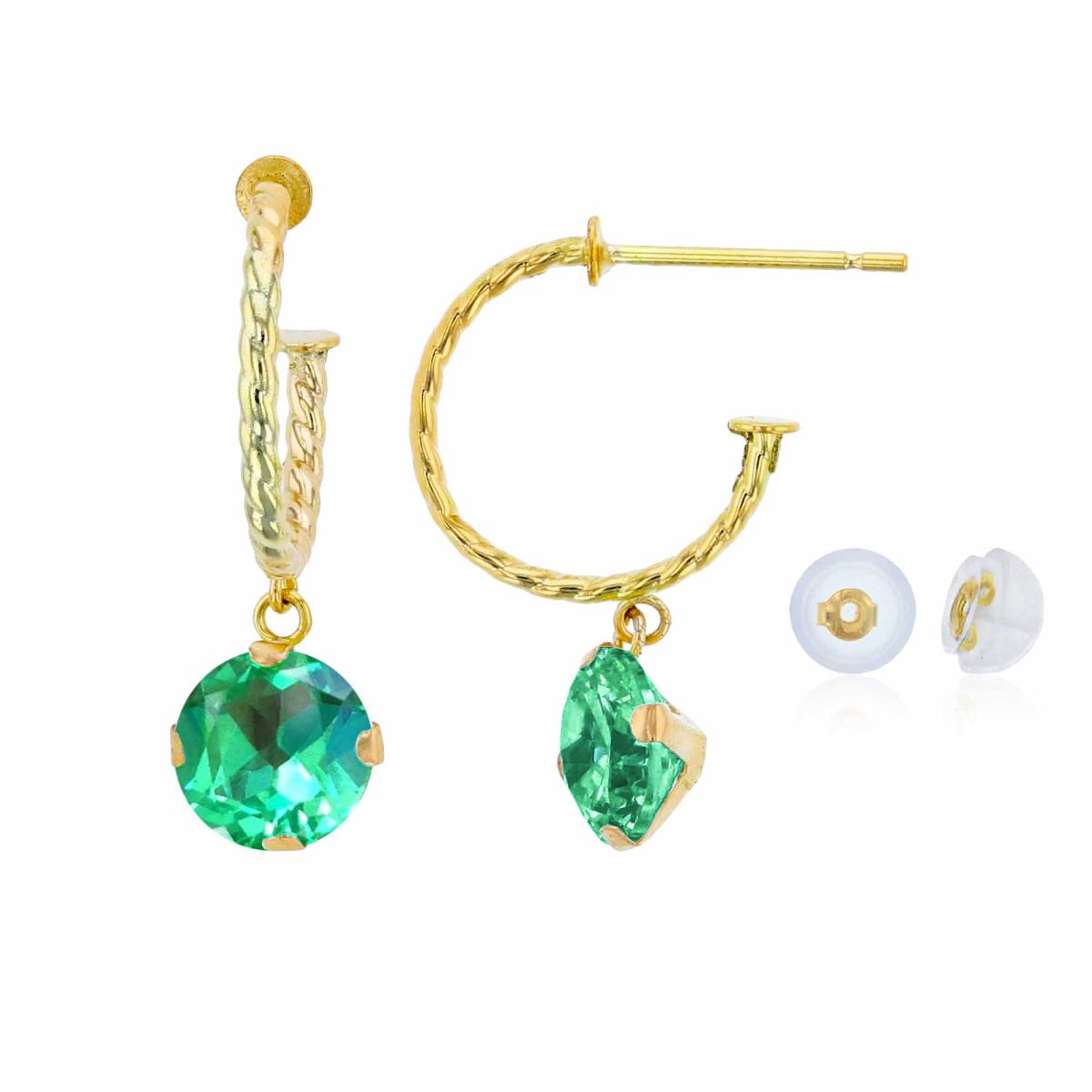 10K Yellow Gold 12mm Rope Half-Hoop with 6mm Rd Created Green Sapphire Martini Drop Earring with Silicone Back