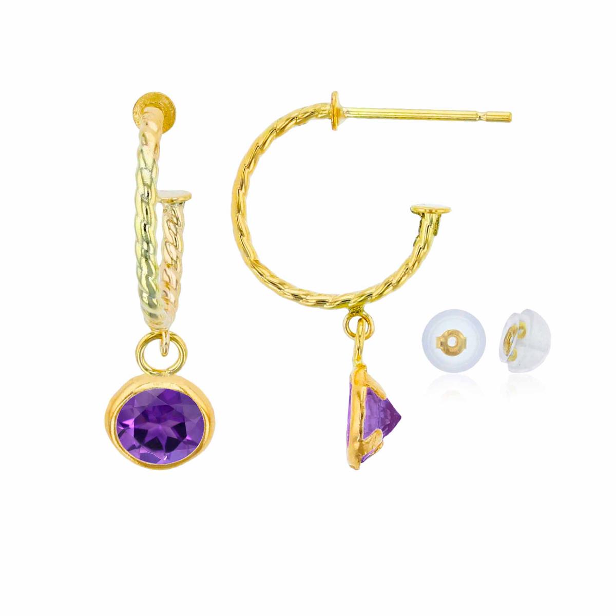 14K Yellow Gold 12mm Rope Half-Hoop with 5mm Rd Amethyst Bezel Drop Earring with Silicone Back