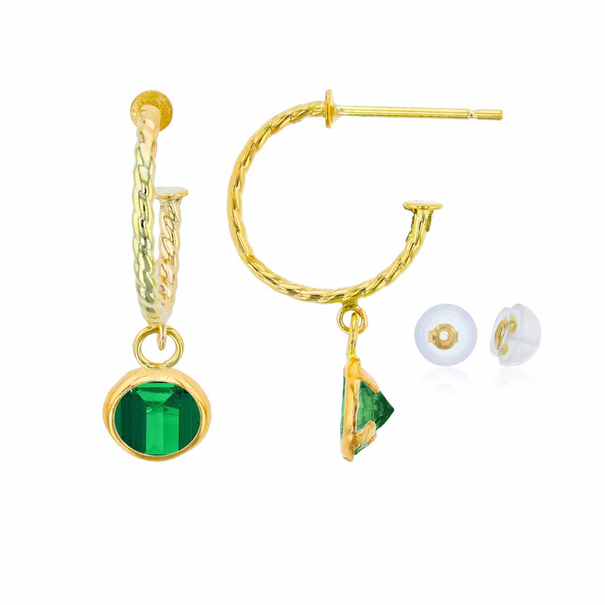 14K Yellow Gold 12mm Rope Half-Hoop with 5mm Rd Created Emerald Bezel Drop Earring with Silicone Back