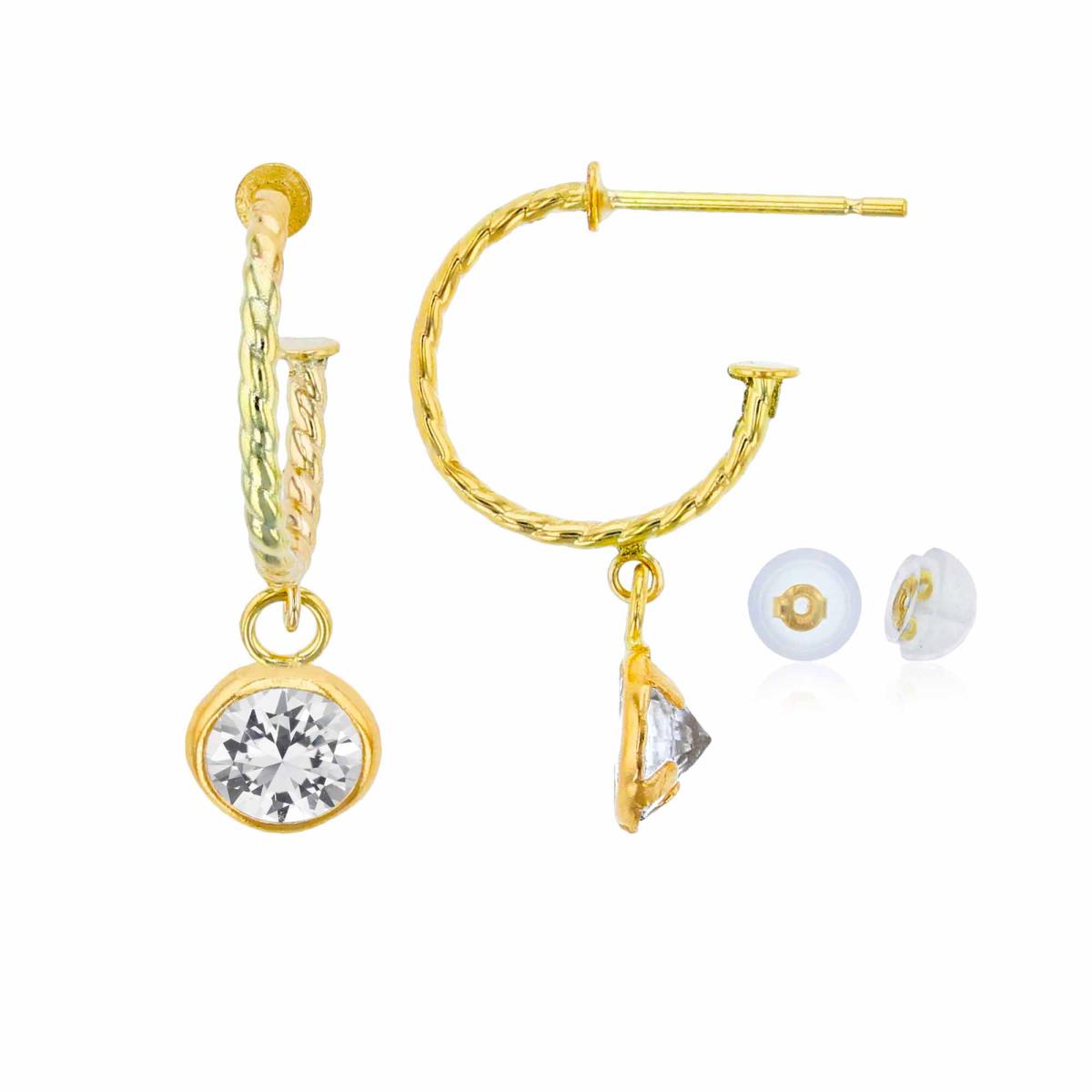 14K Yellow Gold 12mm Rope Half-Hoop with 5mm Rd Created White Sapphire Bezel Drop Earring with Silicone Back