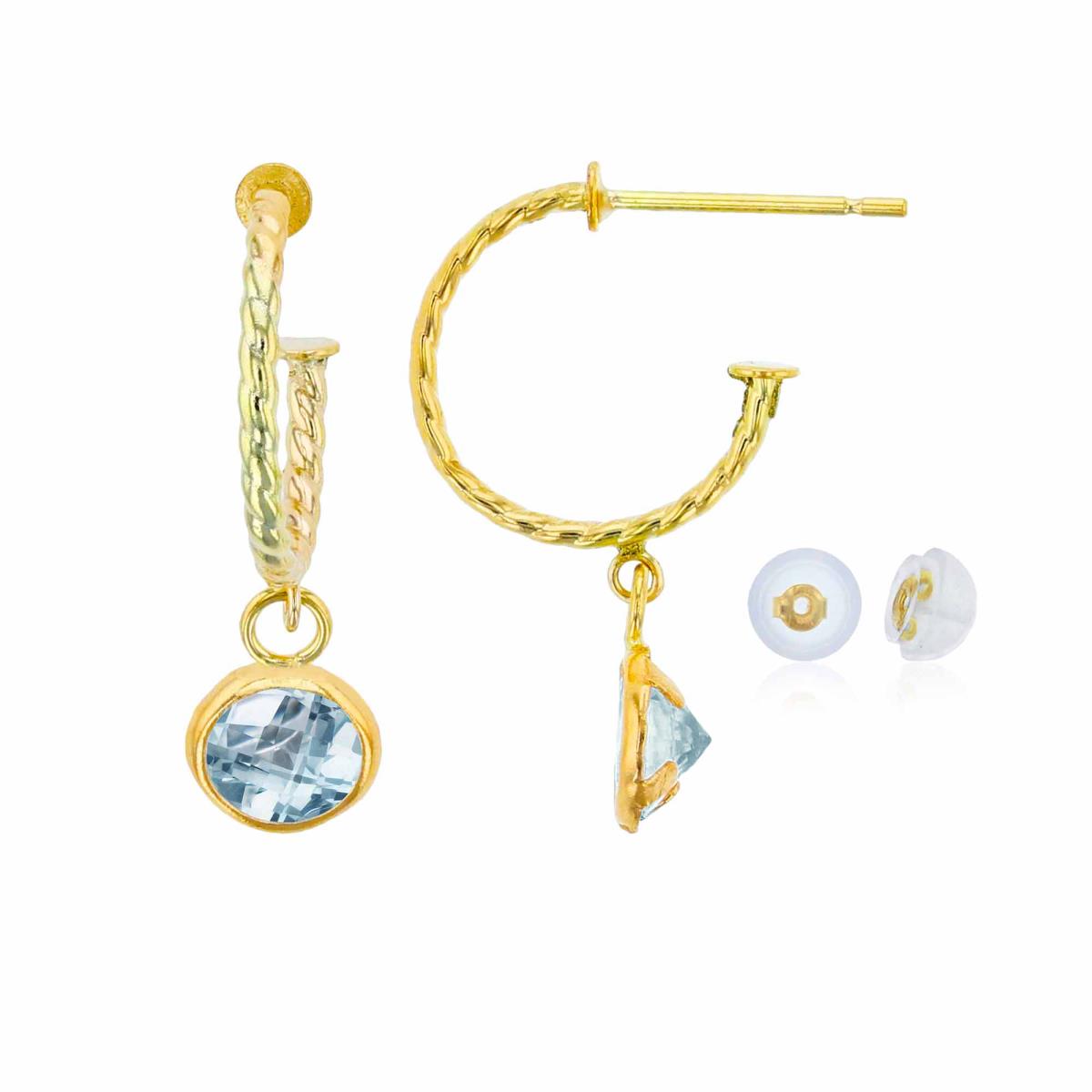 10K Yellow Gold 12mm Rope Half-Hoop with 5mm Rd Aquamarine Bezel Drop Earring with Silicone Back