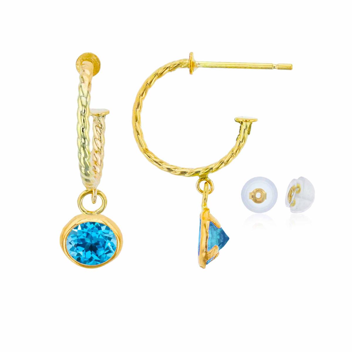 10K Yellow Gold 12mm Rope Half-Hoop with 5mm Rd Swiss Blue Topaz Bezel Drop Earring with Silicone Back