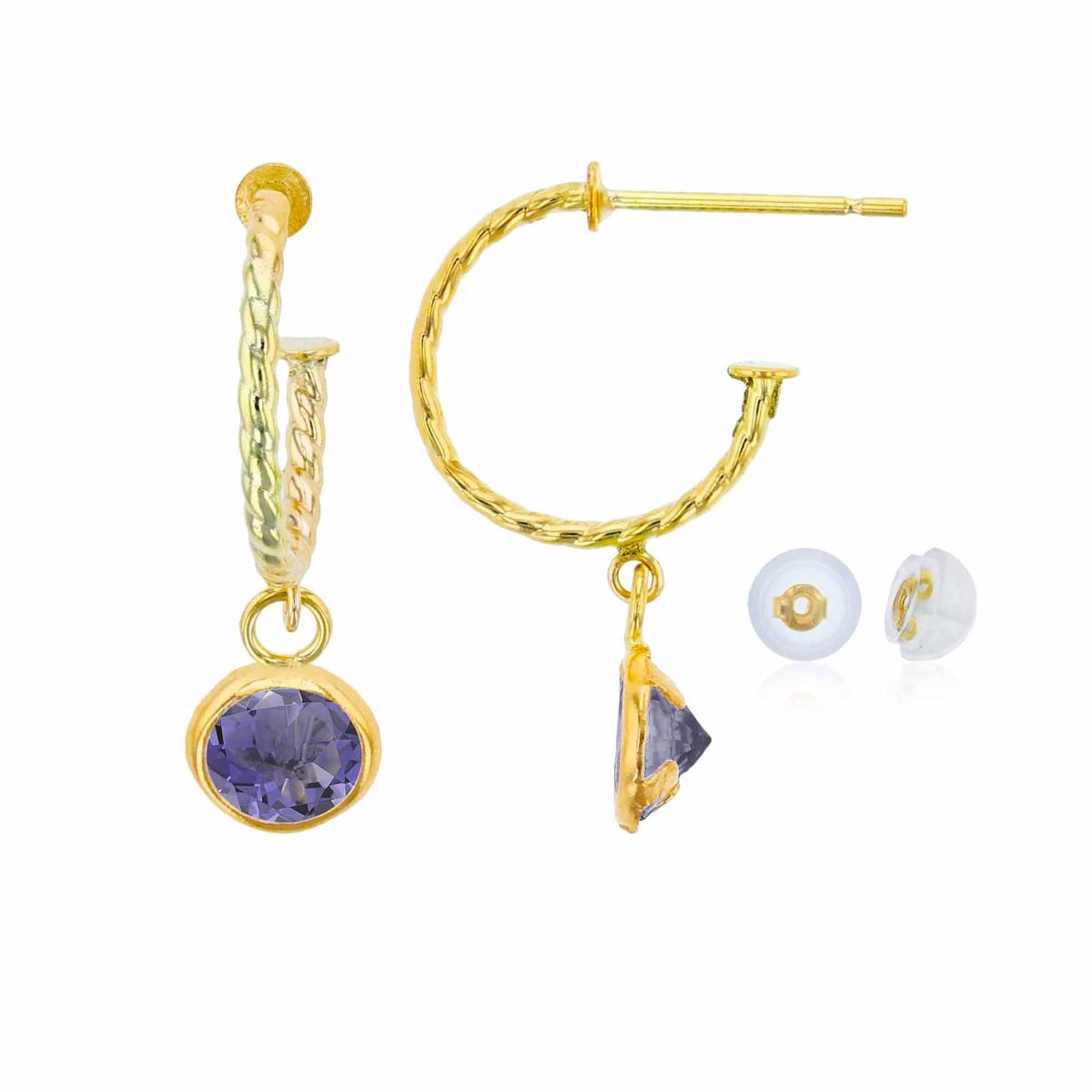 10K Yellow Gold 12mm Rope Half-Hoop with 5mm Rd Iolite Bezel Drop Earring with Silicone Back