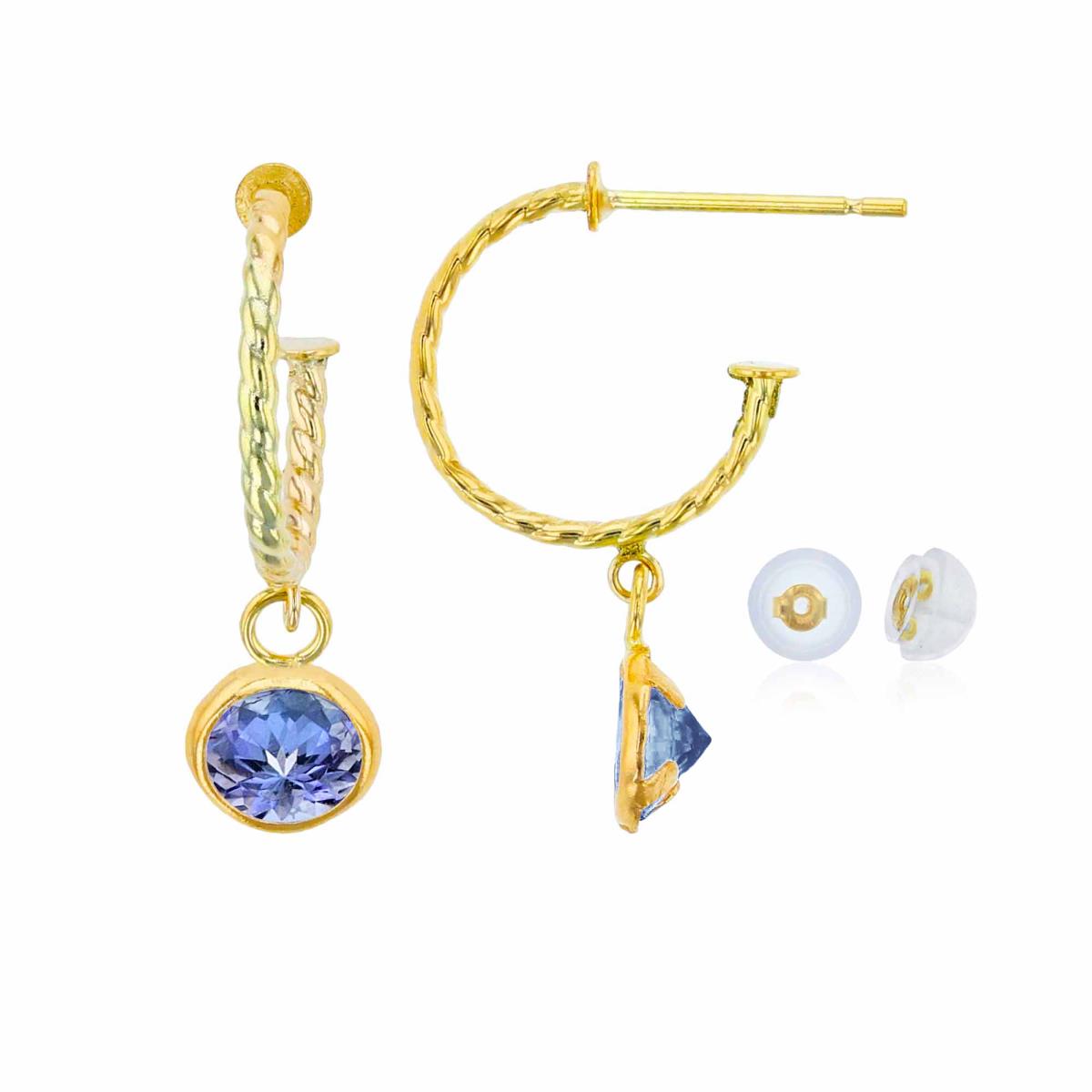 10K Yellow Gold 12mm Rope Half-Hoop with 5mm Rd Tanzanite Bezel Drop Earring with Silicone Back