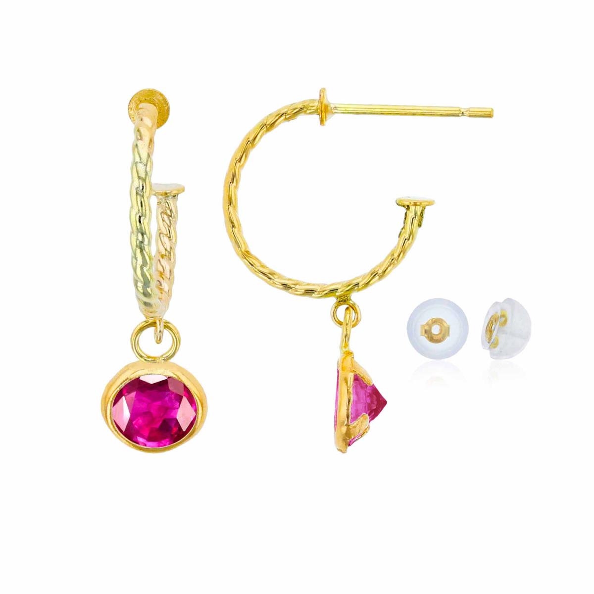 10K Yellow Gold 12mm Rope Half-Hoop with 5mm Rd Glass Filled Ruby Bezel Drop Earring with Silicone Back
