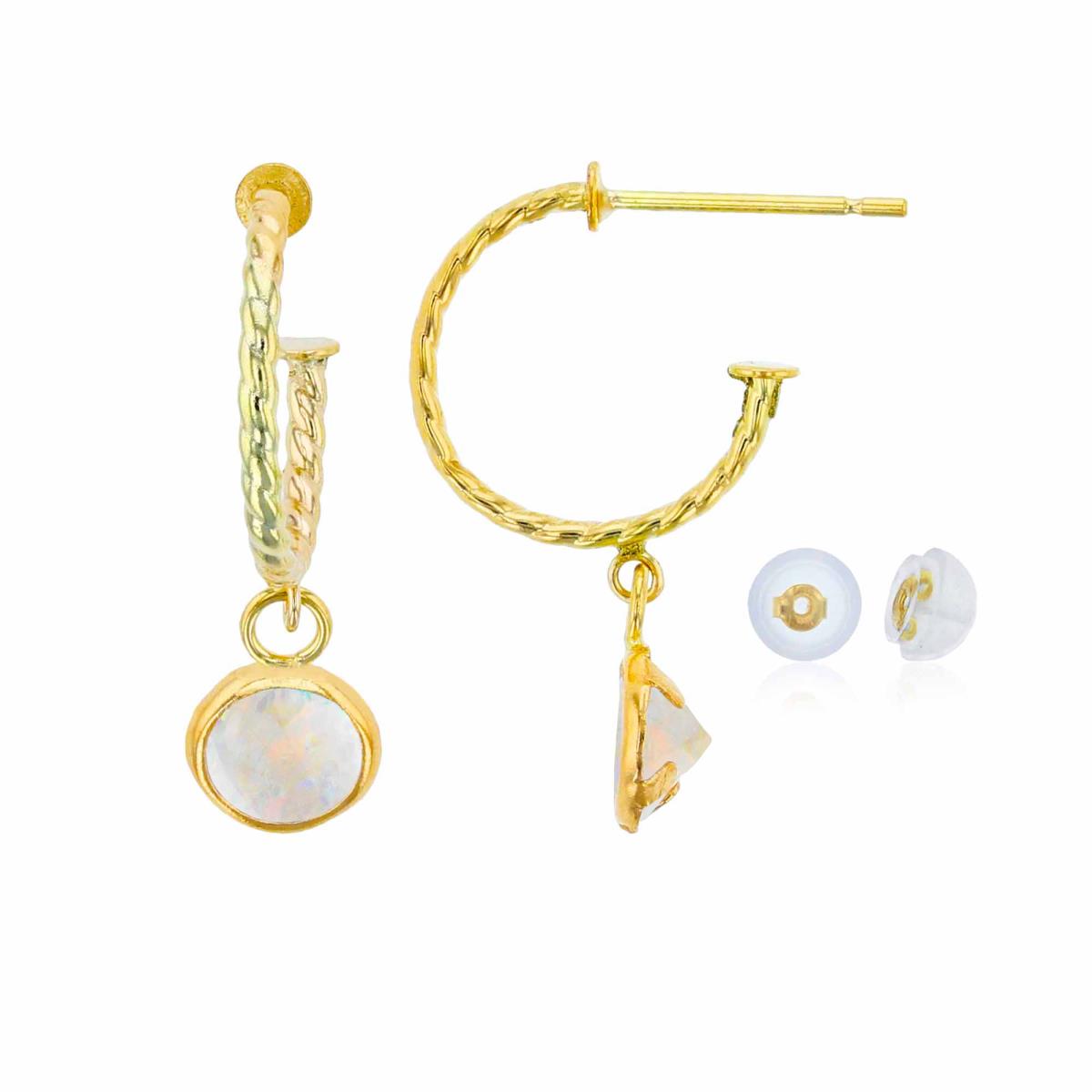 10K Yellow Gold 12mm Rope Half-Hoop with 5mm Rd Created Opal Bezel Drop Earring with Silicone Back