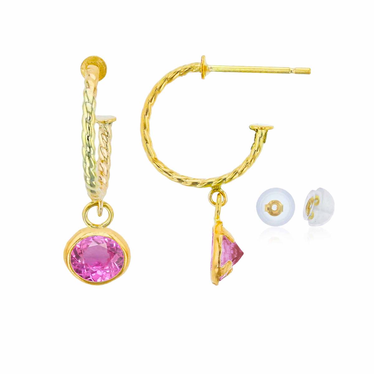 10K Yellow Gold 12mm Rope Half-Hoop with 5mm Rd Created Pink Sapphire Bezel Drop Earring with Silicone Back